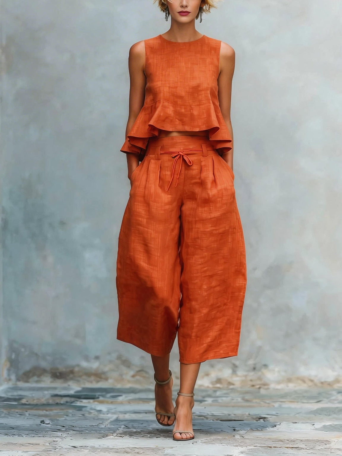 Conjunto con lino, volantes, pierna ancha y liso - Rosa