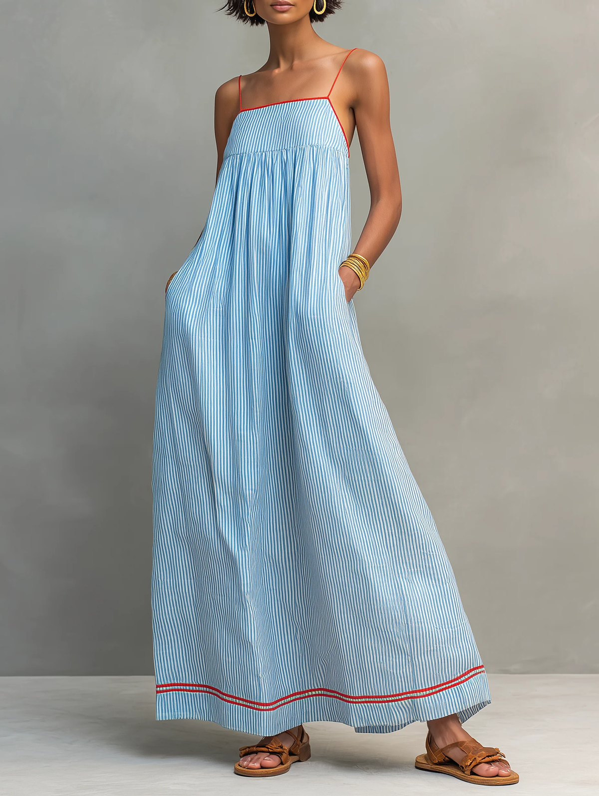 Vestido Largo Azul con ribete, a rayas y tirantes finos - Azul