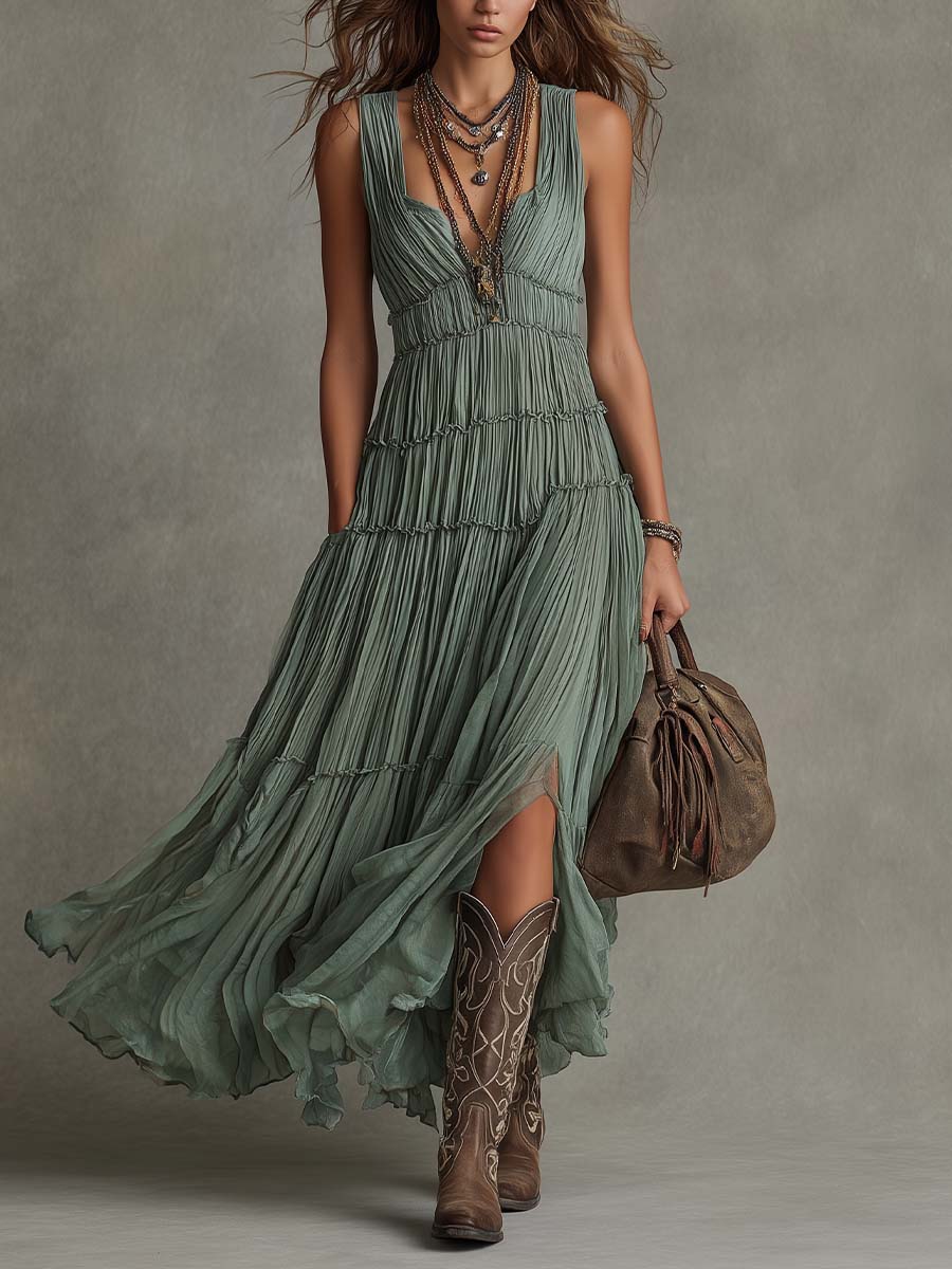 Vestido Largo con plisado, gasa, escote en V y caída fluida - Verde Salvia