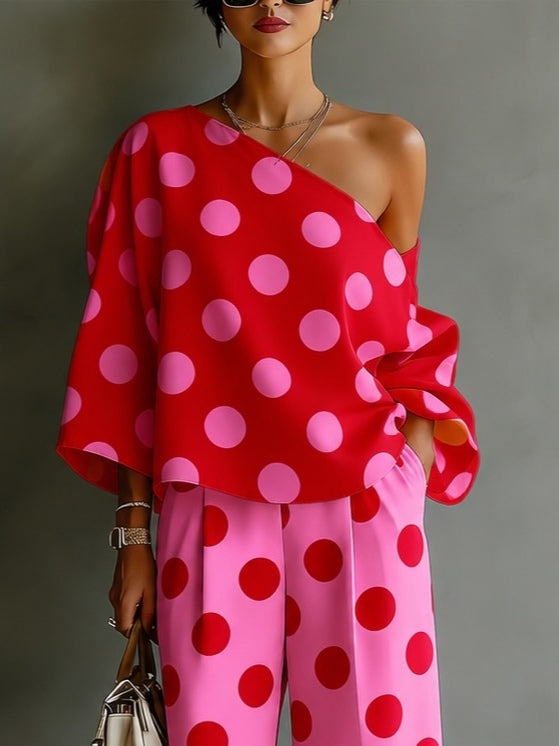 Conjunto de Dos Piezas Retro Rojo con lunares, hombros descubiertos y pierna ancha - Rojo