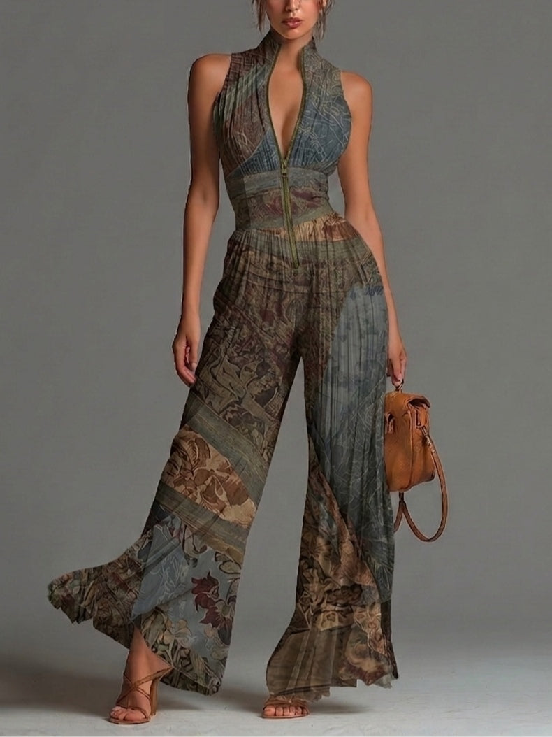 Mono Boho Gris Azulado Sin Mangas con cremallera, plisado, pierna ancha y gasa - Gris Azulado