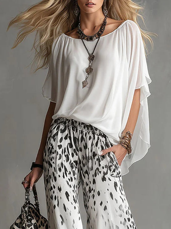 Conjunto de Pantalón Blanco con caída fluida, estampado de leopardo, gasa y estampado - Blanco