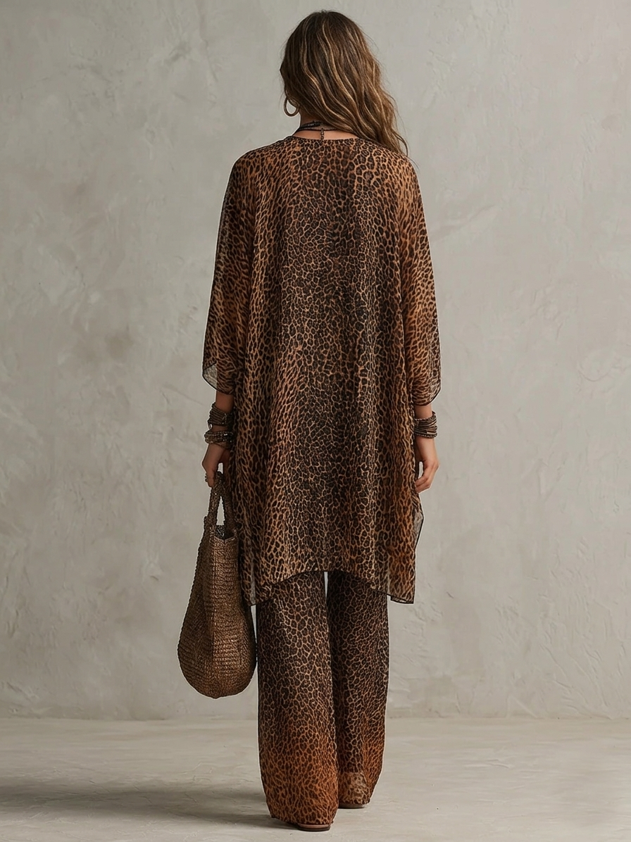 Conjunto de Tres Piezas Boho Marrón con estampado de leopardo, caída fluida y estampado - Marrón