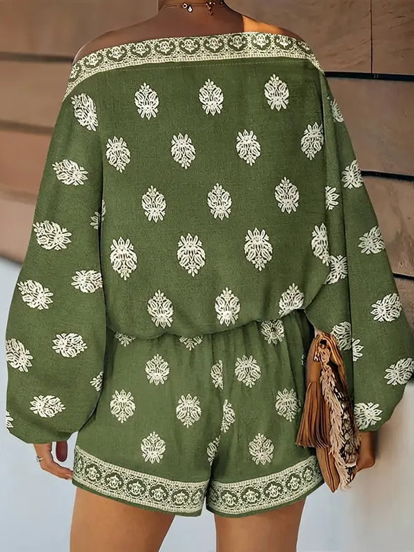 Mono con hombros descubiertos, manga farol y estampado - Verde