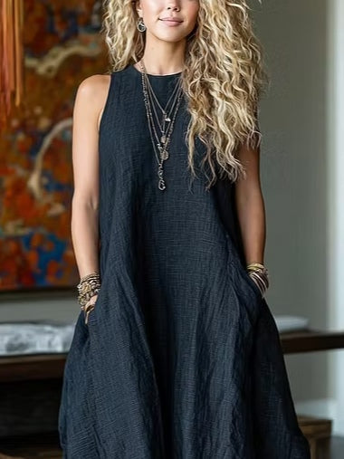 Vestido Casual Negro Sin Mangas con lino - Negro