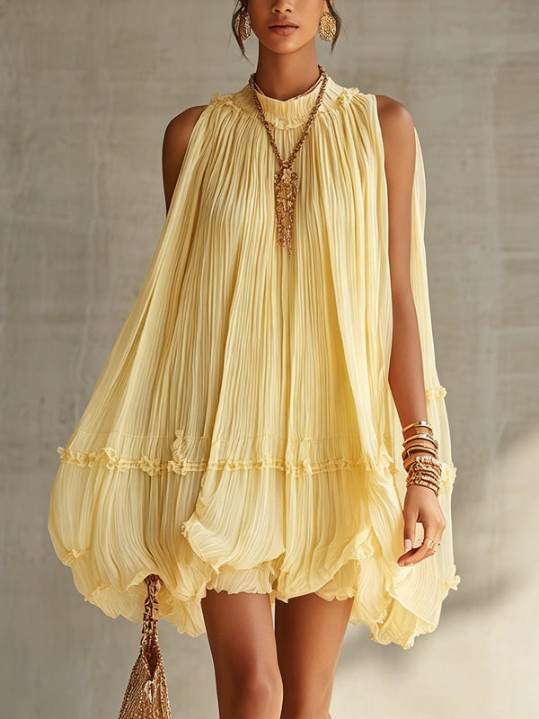 Minivestido Amarillo con escote halter, volantes y gasa - Amarillo