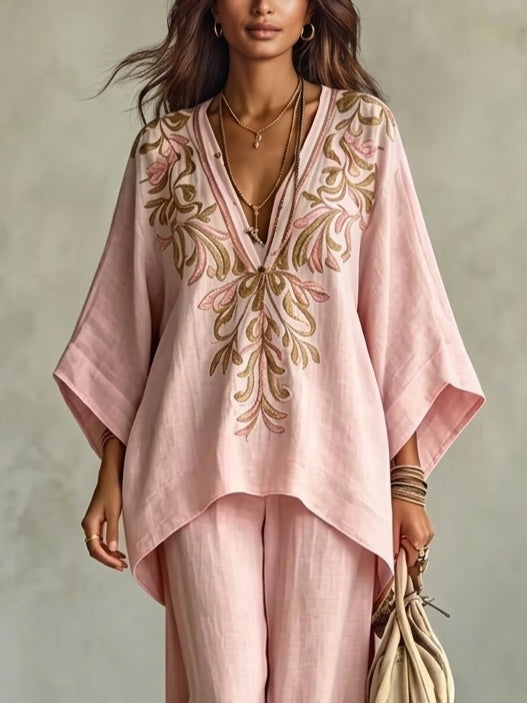 Conjunto de Dos Piezas Rosa Claro con bordado, manga murciélago y pierna ancha - Rosa Claro