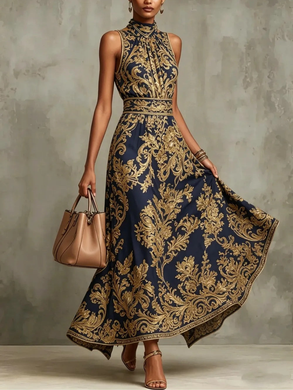 Vestido Largo Azul Marino Sin Mangas con escote halter y estampado - Azul Marino