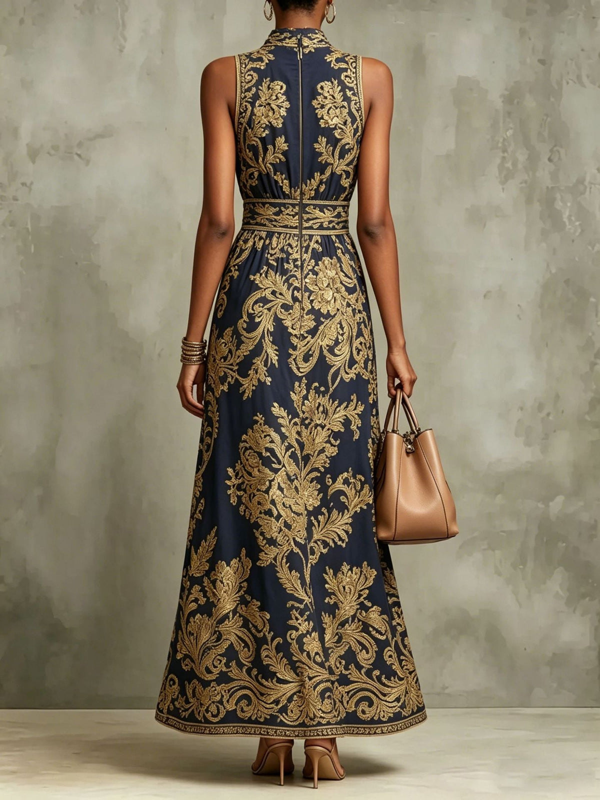 Vestido Largo Azul Marino Sin Mangas con escote halter y estampado - Azul Marino