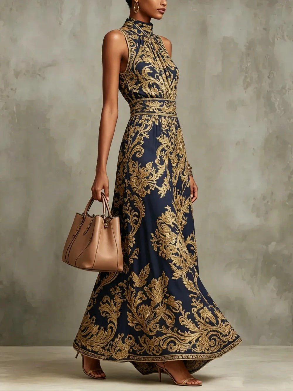 Vestido Largo Azul Marino Sin Mangas con escote halter y estampado - Azul Marino
