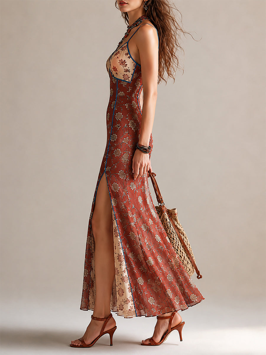 Vestido Estampado Rojo Óxido con estampado floral, gasa, abertura y tirantes finos - Rojo Óxido