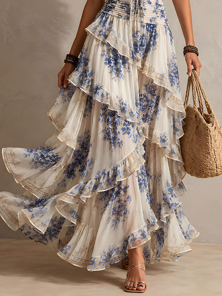 Vestido Estampado Romántico Azul con estampado floral, escote halter y volantes
