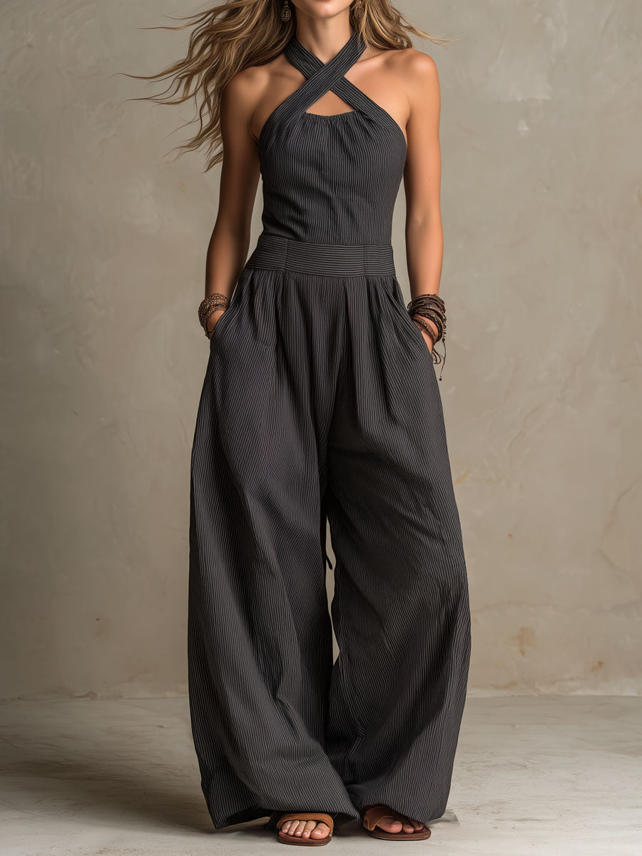Mono Boho Gris Marengo con escote halter y pierna ancha - Gris Marengo