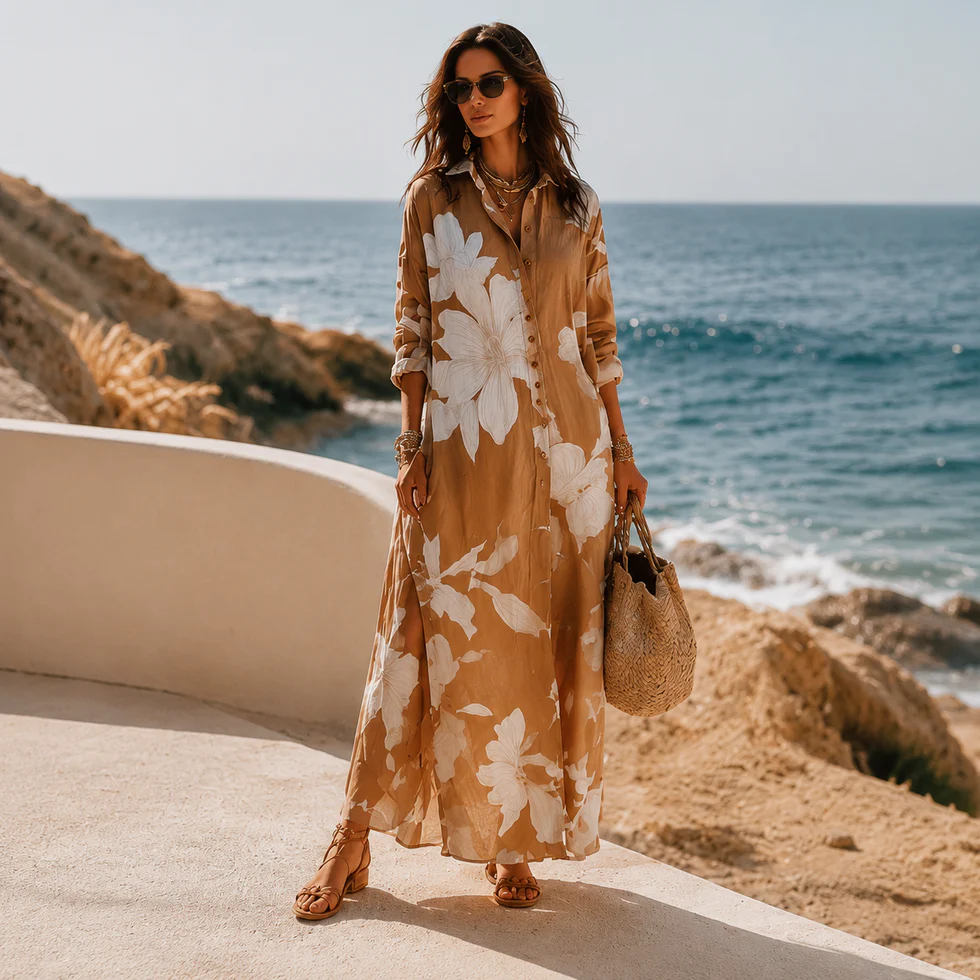 Vestido Camisero Vacaciones Marrón con estampado floral - Marrón