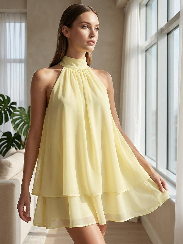 Minivestido con caída fluida, cruzado y por capas - Amarillo