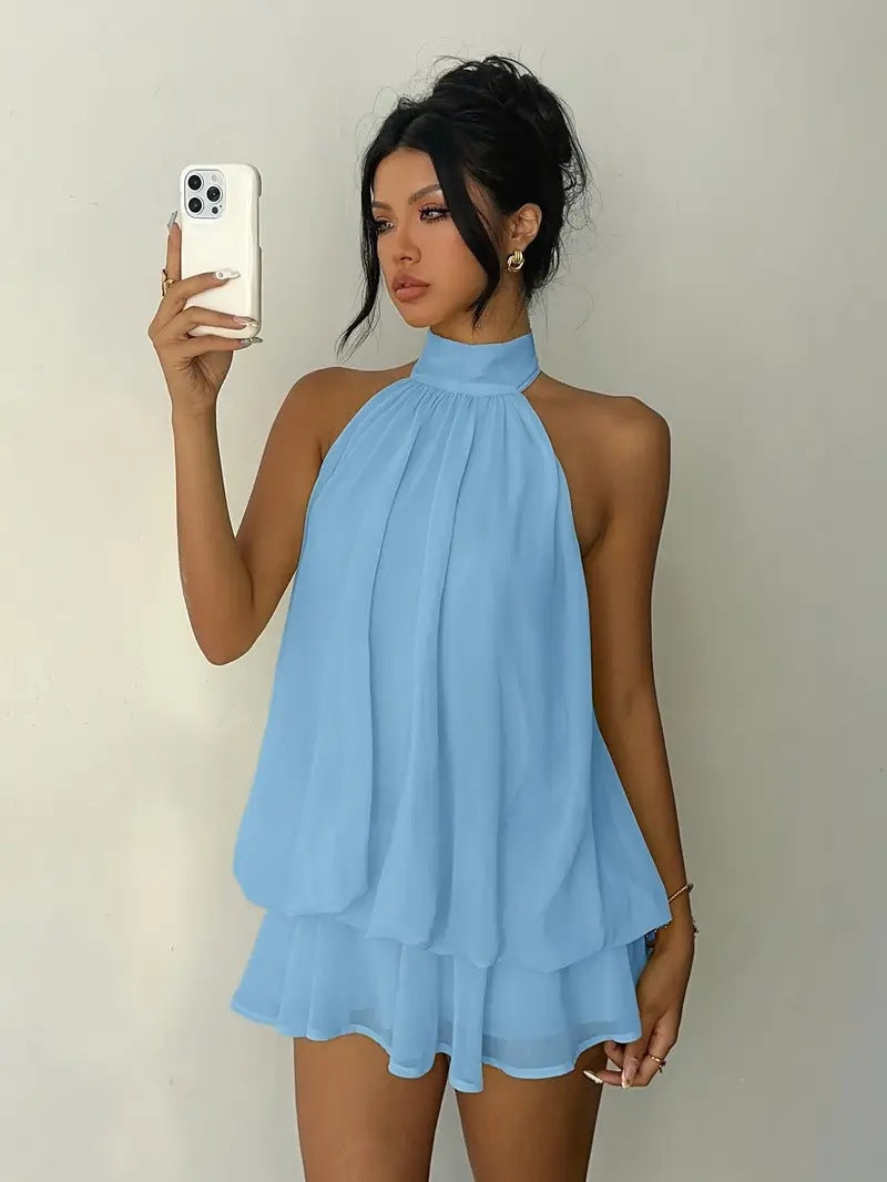 Minivestido con caída fluida, cruzado y por capas - Marrón