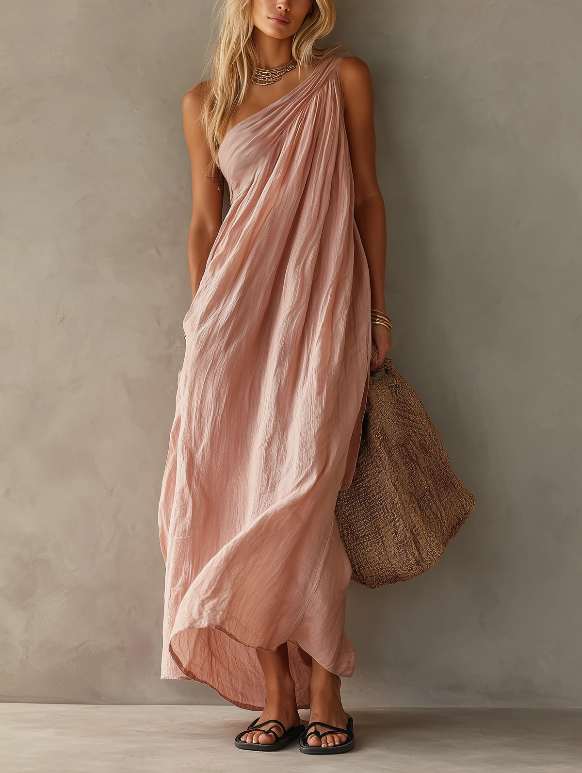 Vestido Largo Elegante Sin Mangas con un solo hombro - Rosa