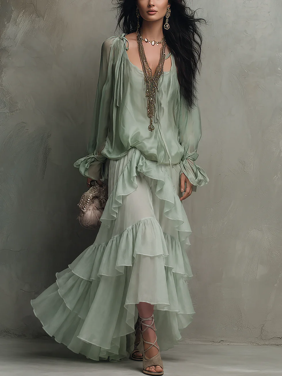 Conjunto de Falda Verde Menta con gasa, volantes y por capas - Verde Menta