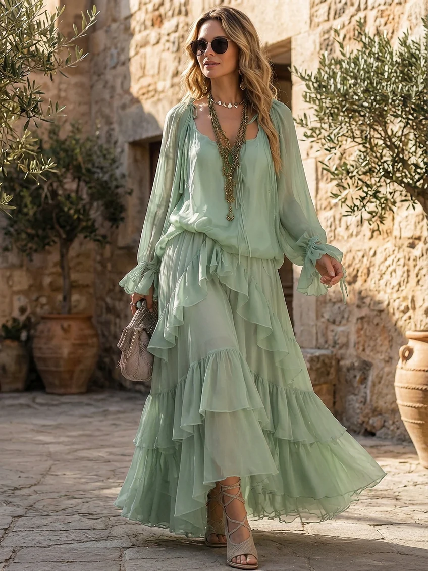 Conjunto de Falda Verde Menta con gasa, volantes y por capas - Verde Menta