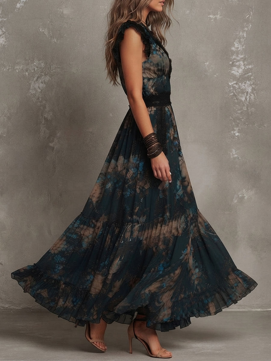 Vestido Estampado Vintage Verde Oscuro con remate de encaje, gasa y floral - Verde Oscuro