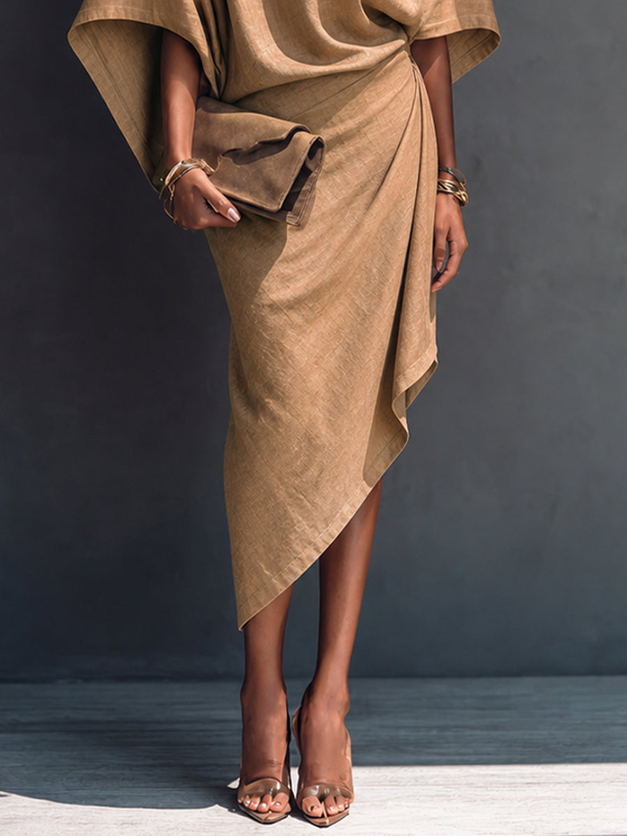 Vestido Midi Manga Corta con drapeado y corte asimétrico - Caqui