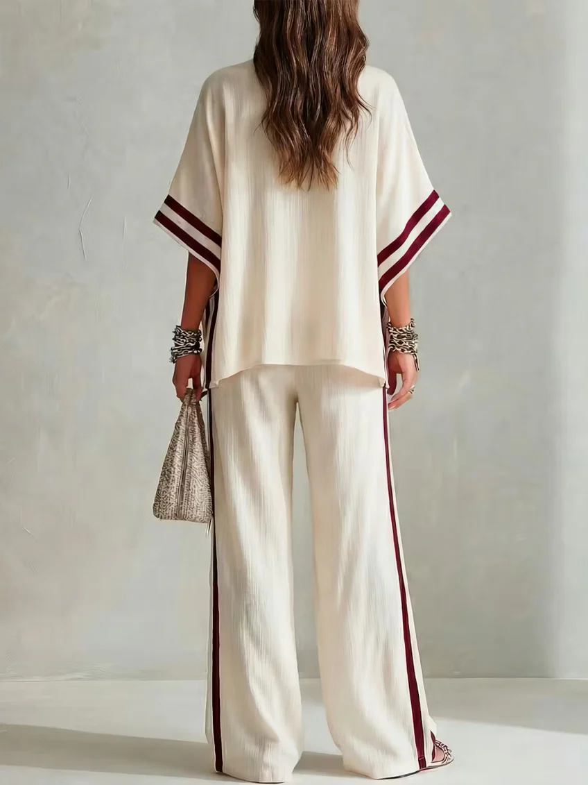 Conjunto de Dos Piezas Casual con a rayas, color block y pierna ancha - Albaricoque