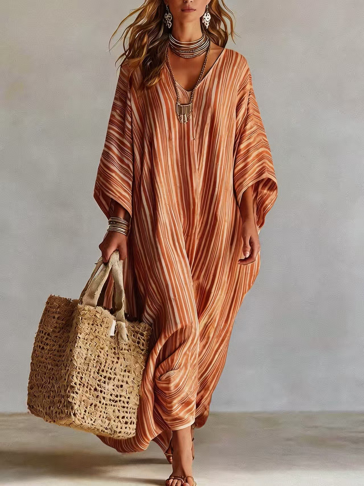 Caftán Boho con escote en V y a rayas - Rosa