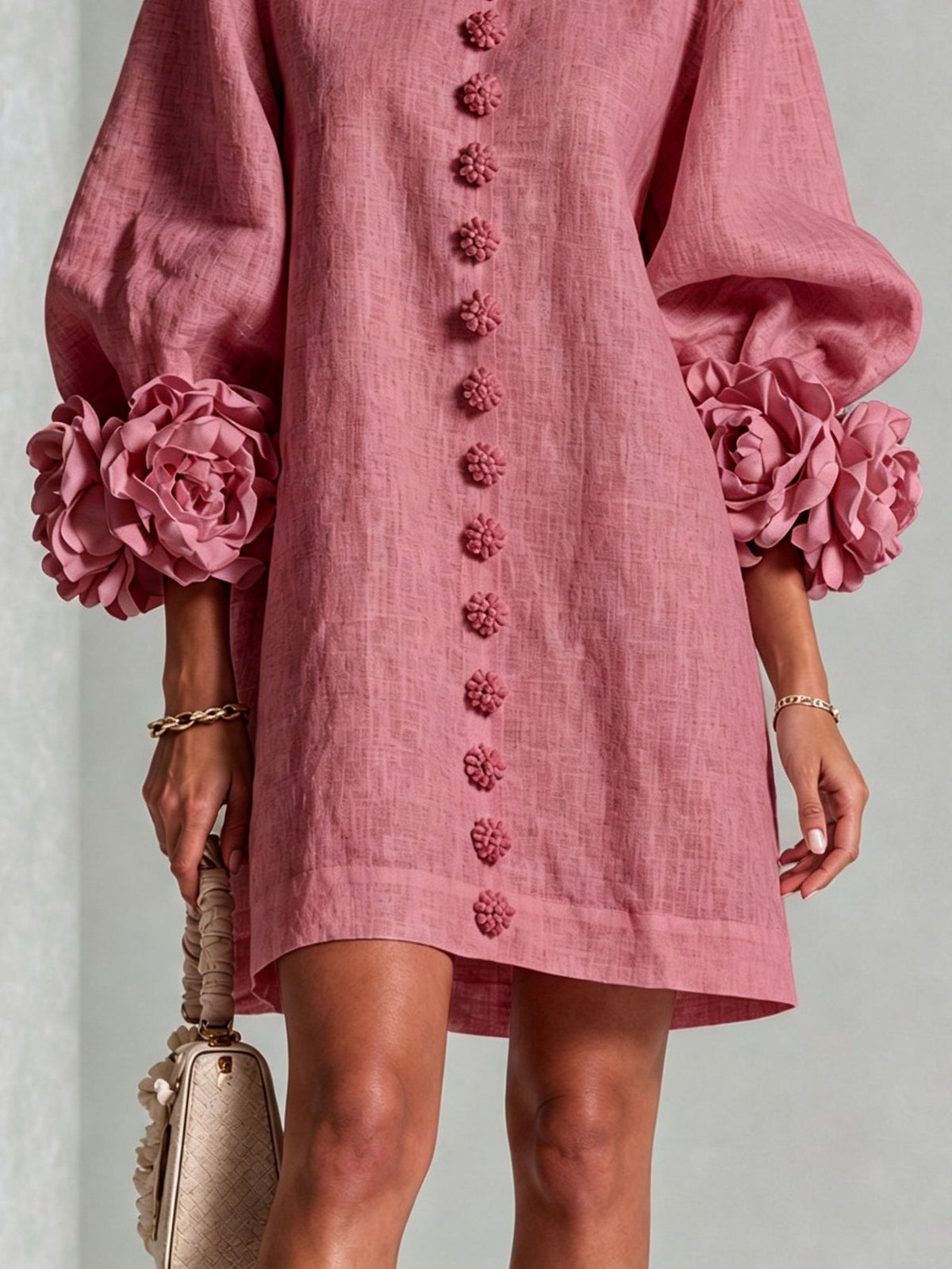 Minivestido Vintage Rosa Palo con botones delanteros, puños y floral - Rosa Palo