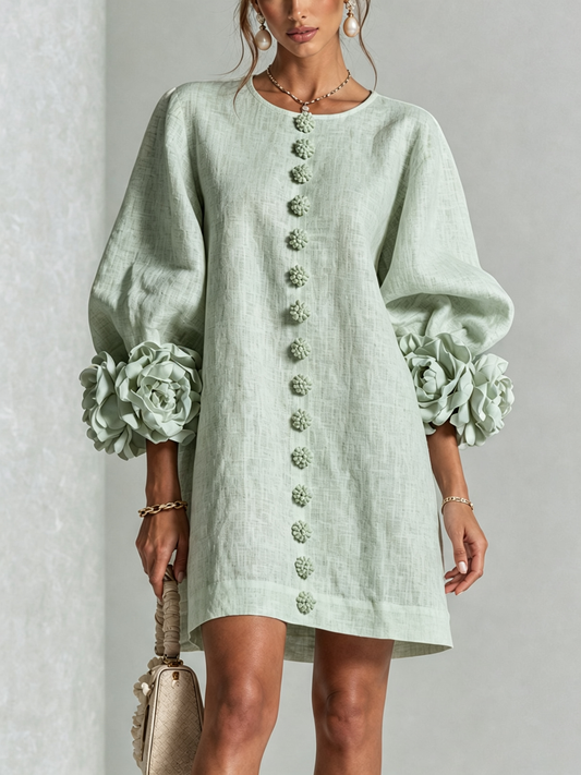 Vestido Mini Verde Salvia con Botones Flor y Puños de Flores