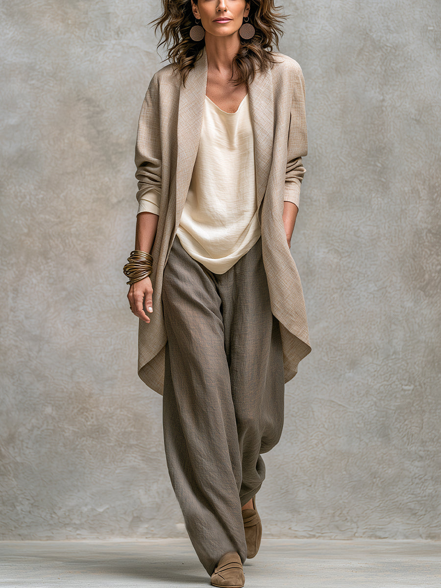 Conjunto de Tres Piezas Casual Beige Gris con por capas y pierna ancha - Beige Gris