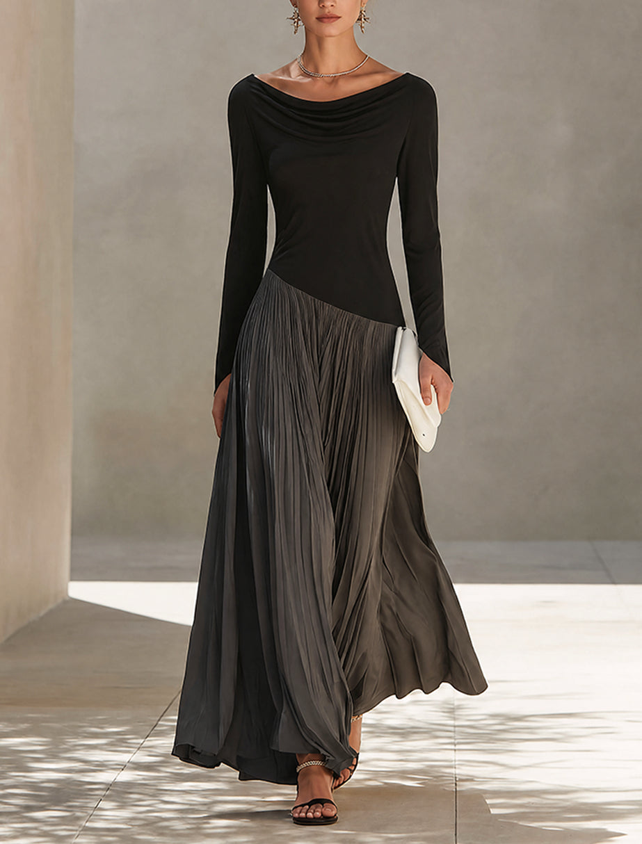 Vestido Largo Negro con drapeado y plisado - Negro