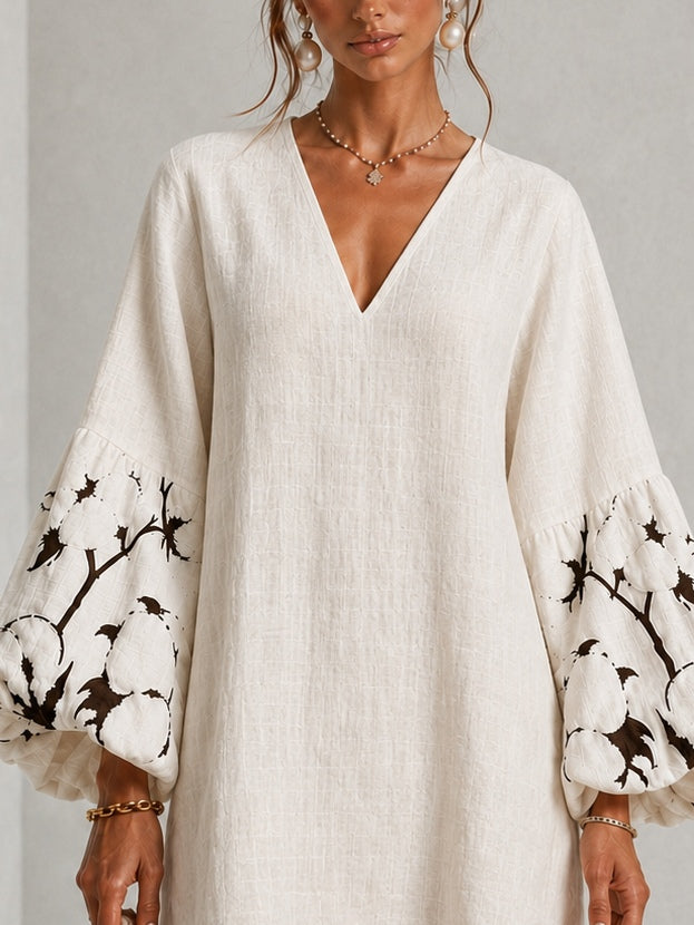Minivestido Blanco con escote en V, manga abullonada y estampado floral - Blanco