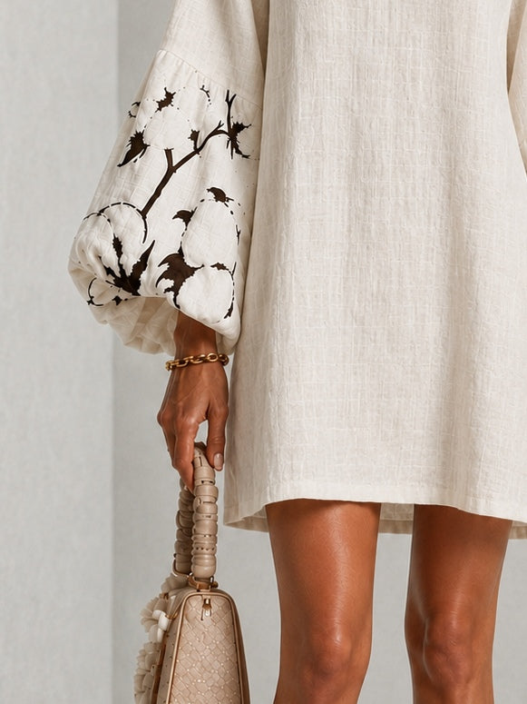 Minivestido Blanco con escote en V, manga abullonada y estampado floral