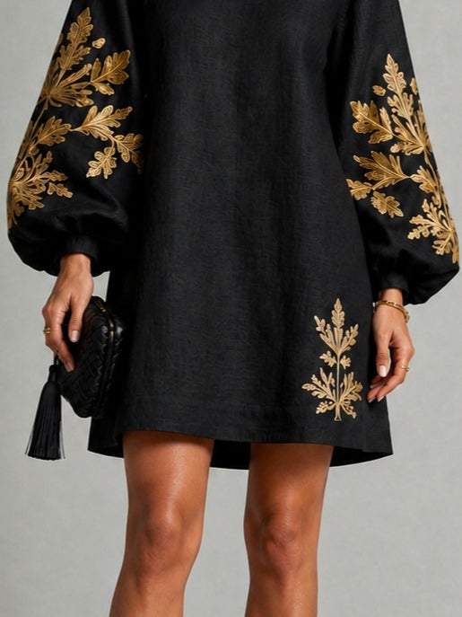 Minivestido Negro Corte Holgado con escote redondo, manga farol y estampado - Negro