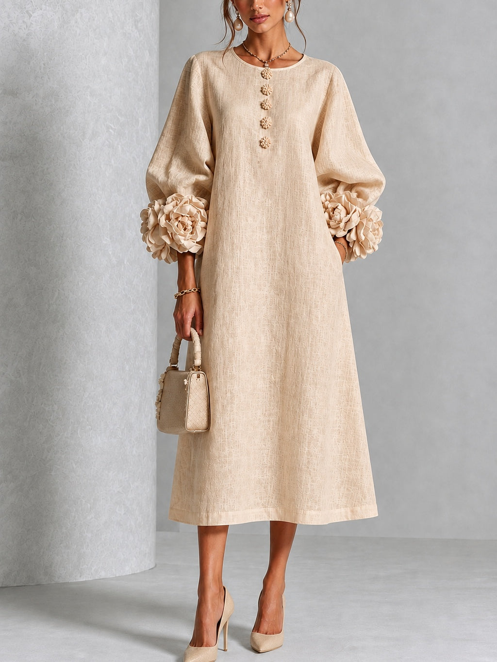 Vestido Midi Beige con botones delanteros, puños y floral - Beige