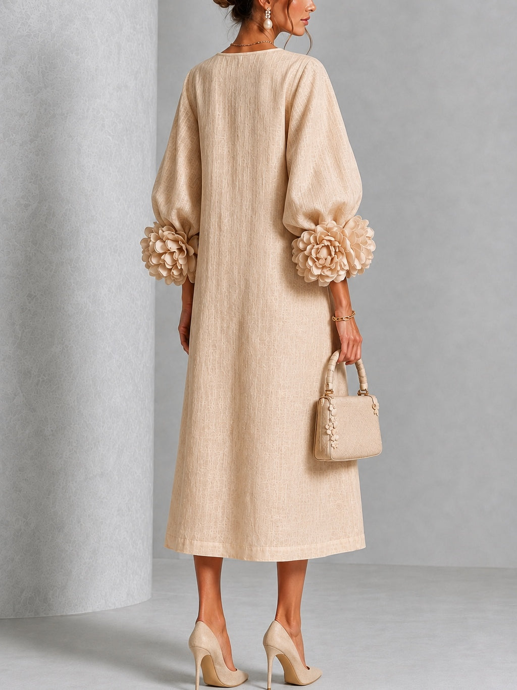 Vestido Midi Beige con botones delanteros, puños y floral - Beige