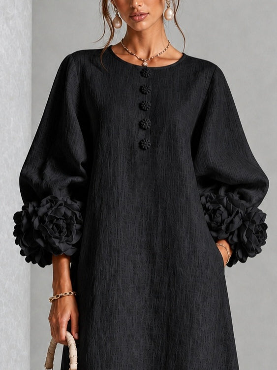Vestido Midi Negro con botones delanteros, puños y floral - Negro