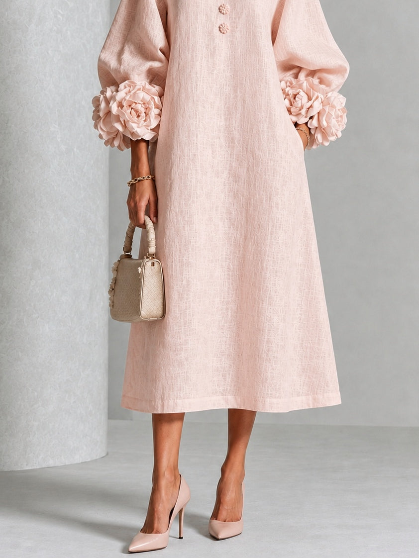 Vestido Midi Rosa con botones delanteros, puños y floral - Rosa