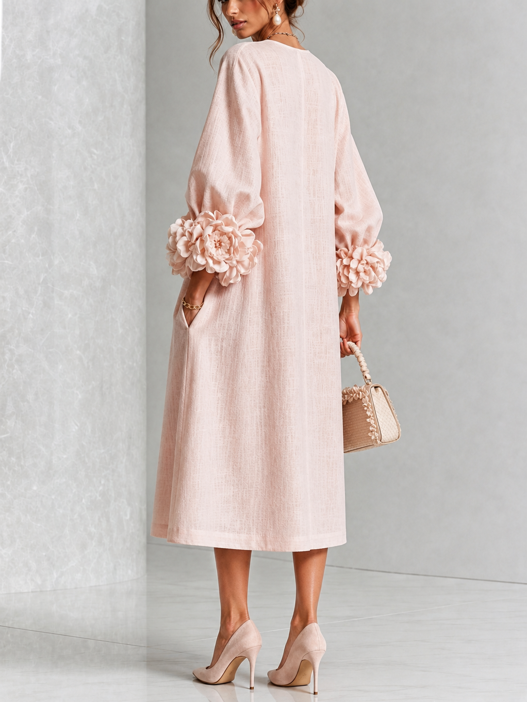 Vestido Midi Rosa con botones delanteros, puños y floral - Rosa