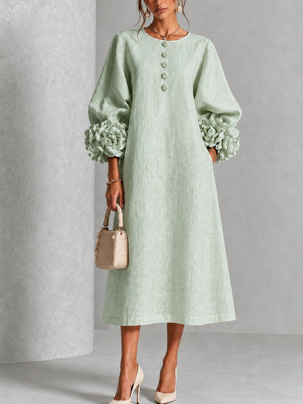Vestido Midi Verde Salvia con botones delanteros, puños y floral - Verde Salvia