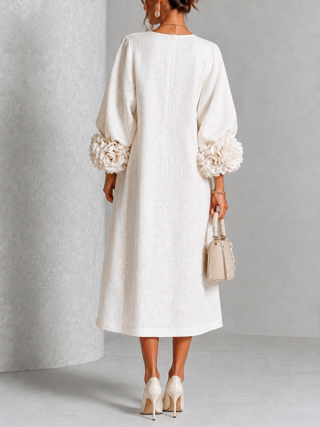 Vestido Midi Blanco con botones delanteros, puños y floral - Blanco
