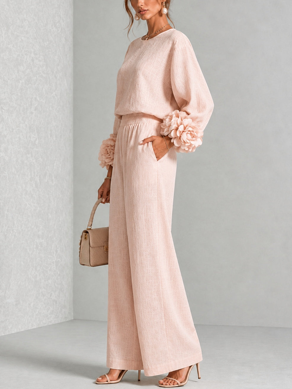 Conjunto Rosa con puños, pierna ancha y floral - Rosa