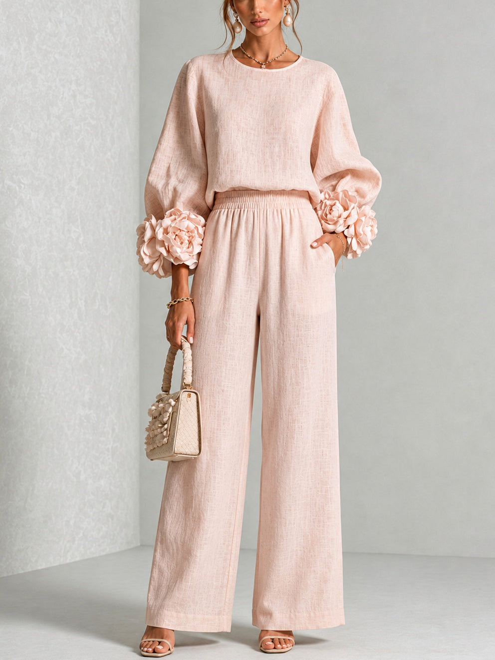 Conjunto Rosa con puños, pierna ancha y floral - Rosa