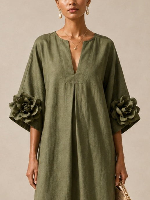 Vestido Midi Verde con escote en V, puños y floral - Verde