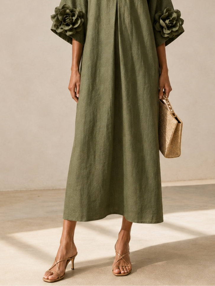 Vestido Midi Verde con escote en V, puños y floral - Verde