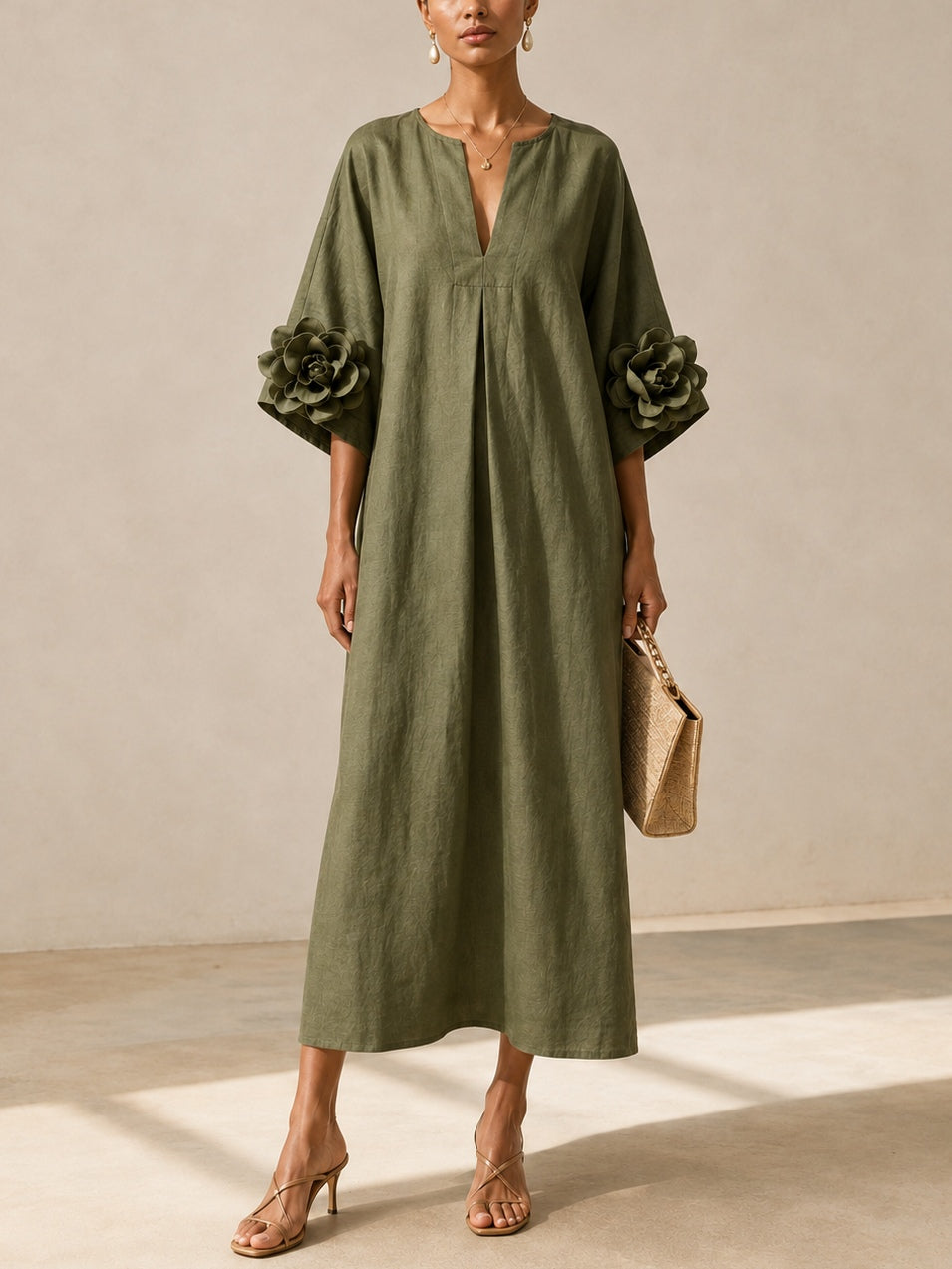Vestido Midi Verde con escote en V, puños y floral - Verde