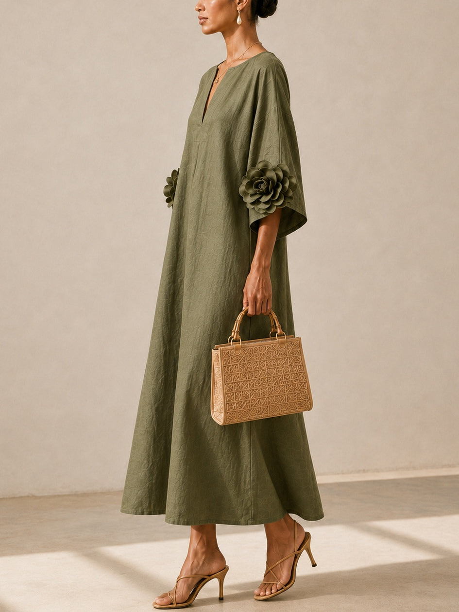 Vestido Midi Verde con escote en V, puños y floral - Verde