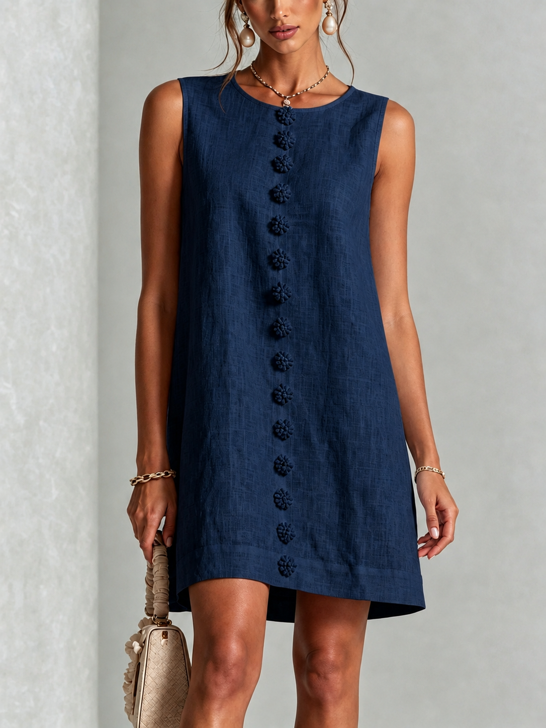 Minivestido Azul Marino Sin Mangas con botones delanteros y floral - Azul Marino