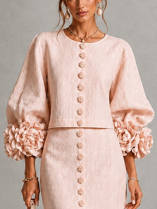 Conjunto de Falda Rosa con botones delanteros, puños y floral - Rosa