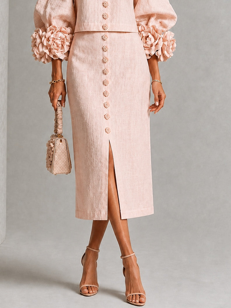 Conjunto de Falda Rosa con botones delanteros, puños y floral - Rosa